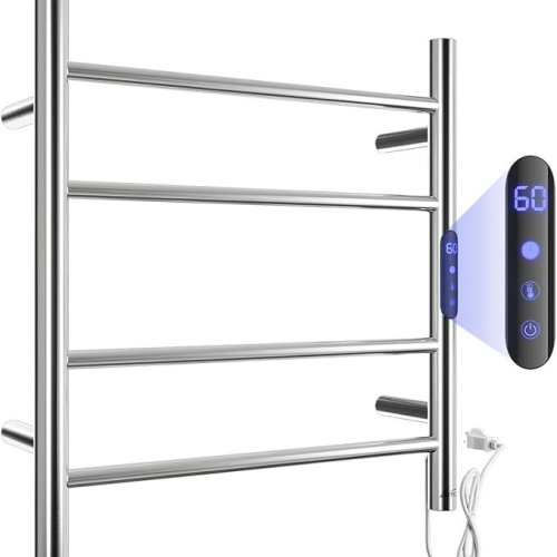 Towel Warmer Rack, 4 Bars Electric Towel Warmer for Bathroom, Wall-Mounted Towel Drying Rack with LED Built-in Timer, Plug-in Bath Towel Heater, Brushed Stainless Steel Heated Towel Rack